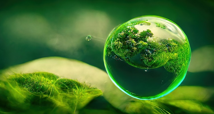 A representative image of the earth inside a green droplet