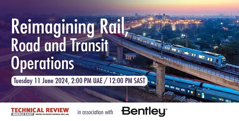A banner for the webinar with a train in the background and the title over the top reading 'Reimaging rail, road and transport operations'