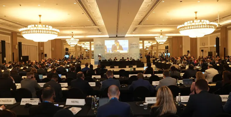 An international conference with delegates from various countries seated at tables