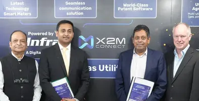 Four executives posing for a photo at a partnership announcement event.